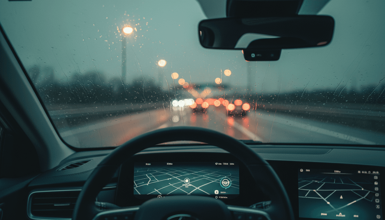 Vista dall'abitacolo di un'auto al tramonto su un'autostrada bagnata dalla pioggia, con il quadro strumenti illuminato e una piccola telecamera per gli ADAS alla base dello specchietto retrovisore.