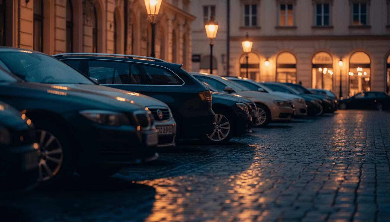 Fila di auto parcheggiate al crepuscolo lungo una strada cittadina europea