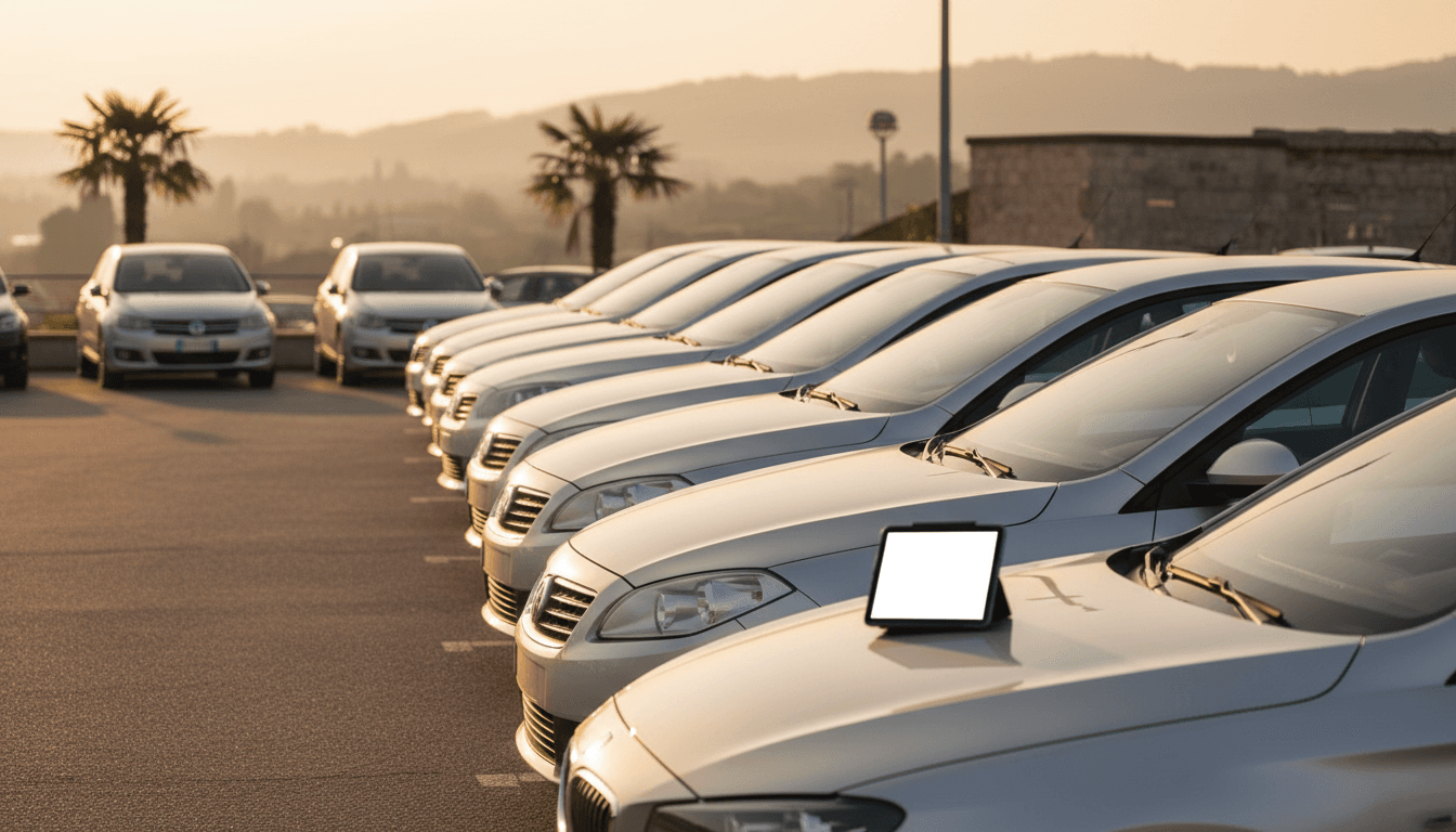 Piazzale di un concessionario di auto usate al tramonto, con vetture in esposizione