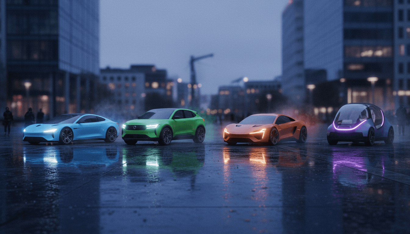 Quattro automobili di forma diversa allineate su una piazza urbana bagnata dalla pioggia al crepuscolo, con riflessi colorati sull'asfalto.