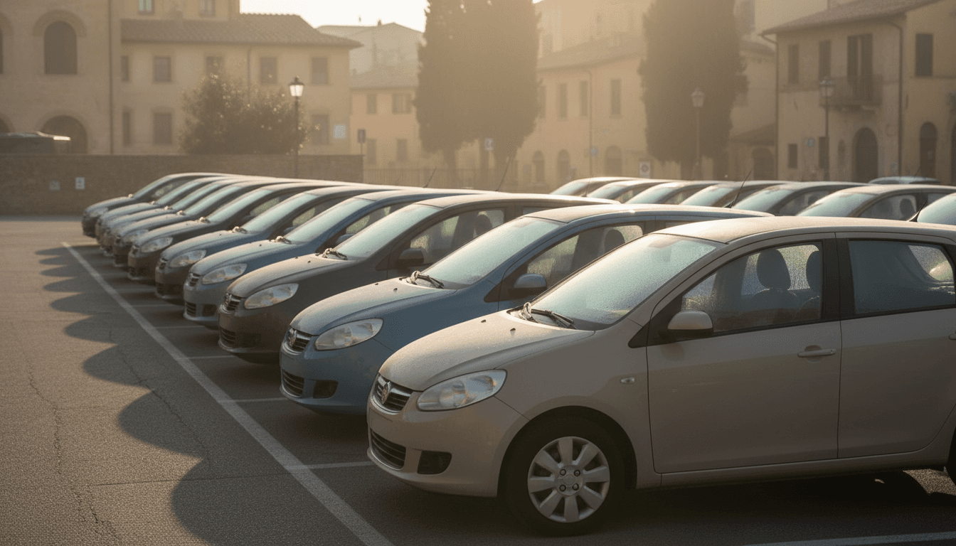 Auto compatte parcheggiate in una zona urbana italiana al mattino, luce dorata
