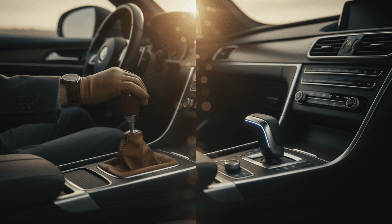 Interno di un'auto al tramonto: a sinistra una mano sulla leva del cambio manuale, a destra un selettore del cambio automatico, luce calda dal parabrezza.