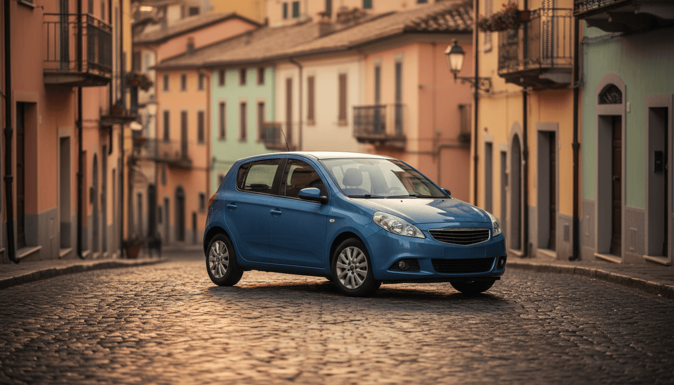 Una piccola city car parcheggiata su una strada acciottolata di un centro storico italiano al tramonto