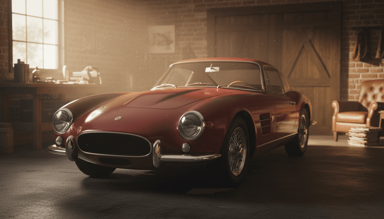 Un'auto d'epoca degli anni Sessanta parcheggiata in un garage privato con luce calda e dettagli cromati