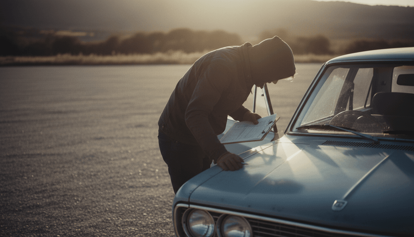 Un potenziale acquirente ispeziona la carrozzeria di un'auto usata alla luce calda del tramonto, con documenti in mano e la portiera aperta.