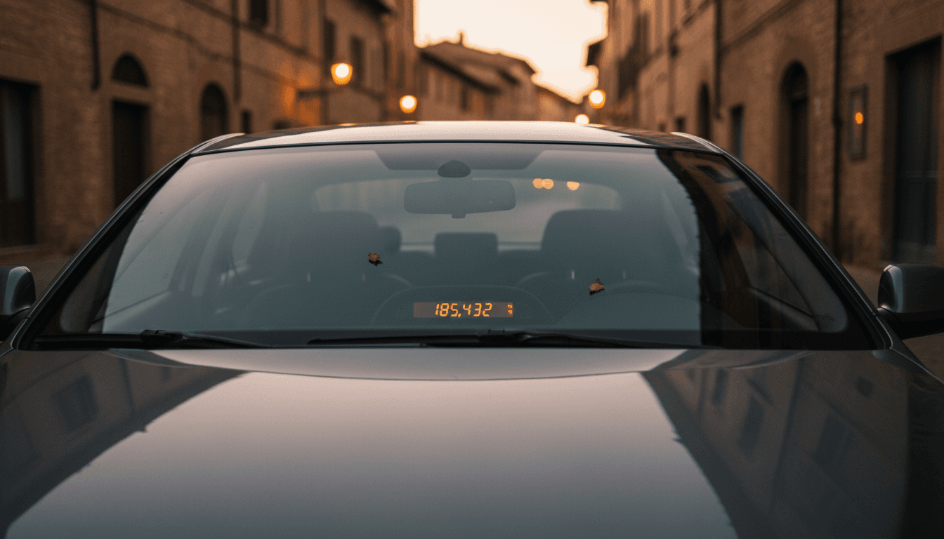 Primo piano del contachilometri di un'auto usata illuminato al tramonto
