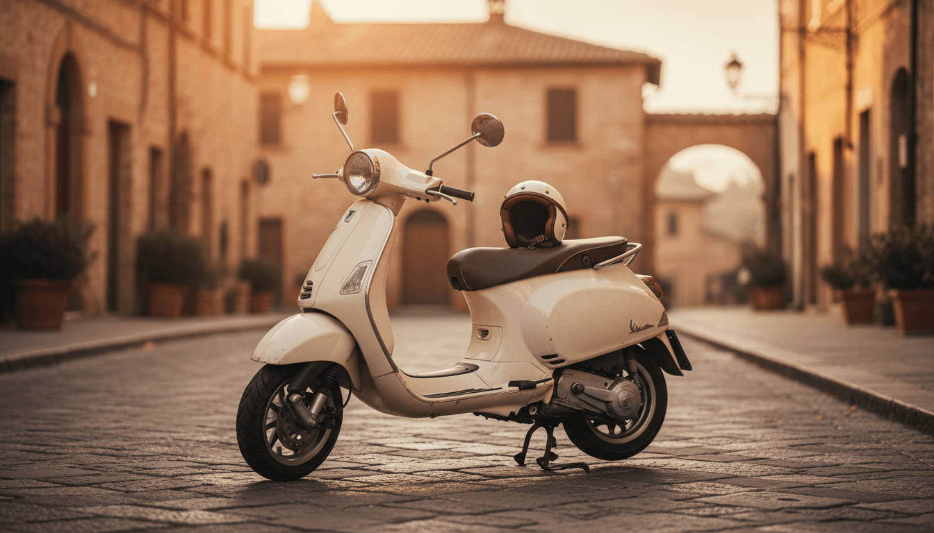 Uno scooter 125 parcheggiato su una strada acciottolata italiana al tramonto