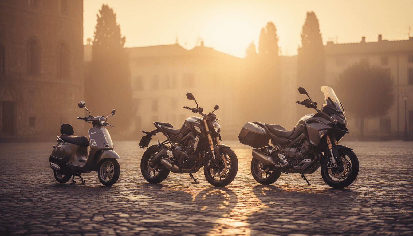 Tre moto di cilindrata crescente allineate in una piazza italiana all'alba, dal piccolo scooter alla moto da turismo.