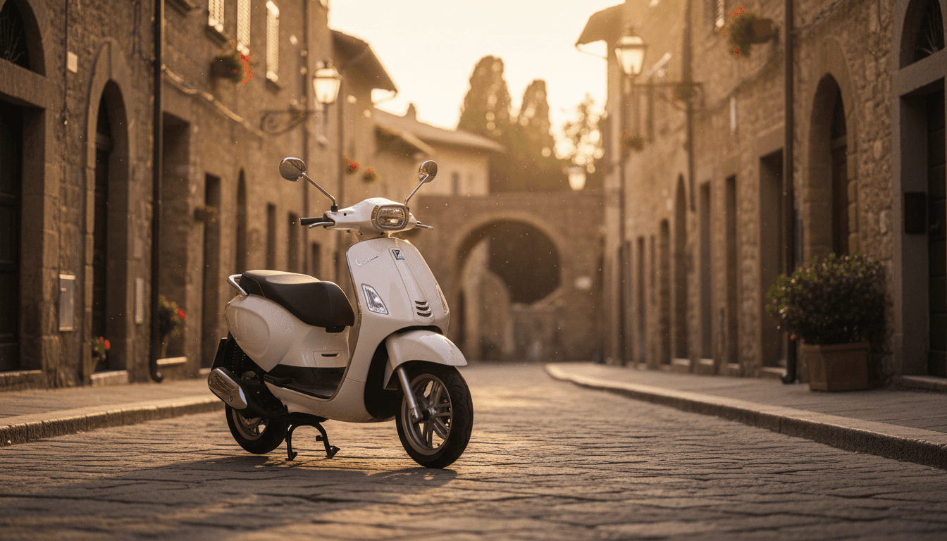 Uno scooter elettrico parcheggiato su una strada in ciottoli di un centro storico italiano al tramonto