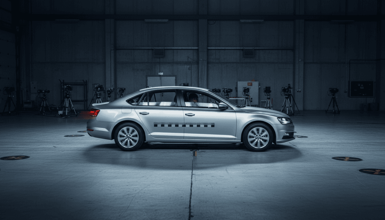 Una berlina grigia generica in un capannone di crash test, illuminata da luci fredde, con un manichino da collisione al posto di guida e attrezzature di prova sullo sfondo sfocato.