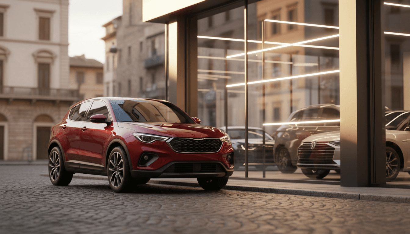 SUV compatto italiano parcheggiato al tramonto davanti a una concessionaria con vetrate moderne