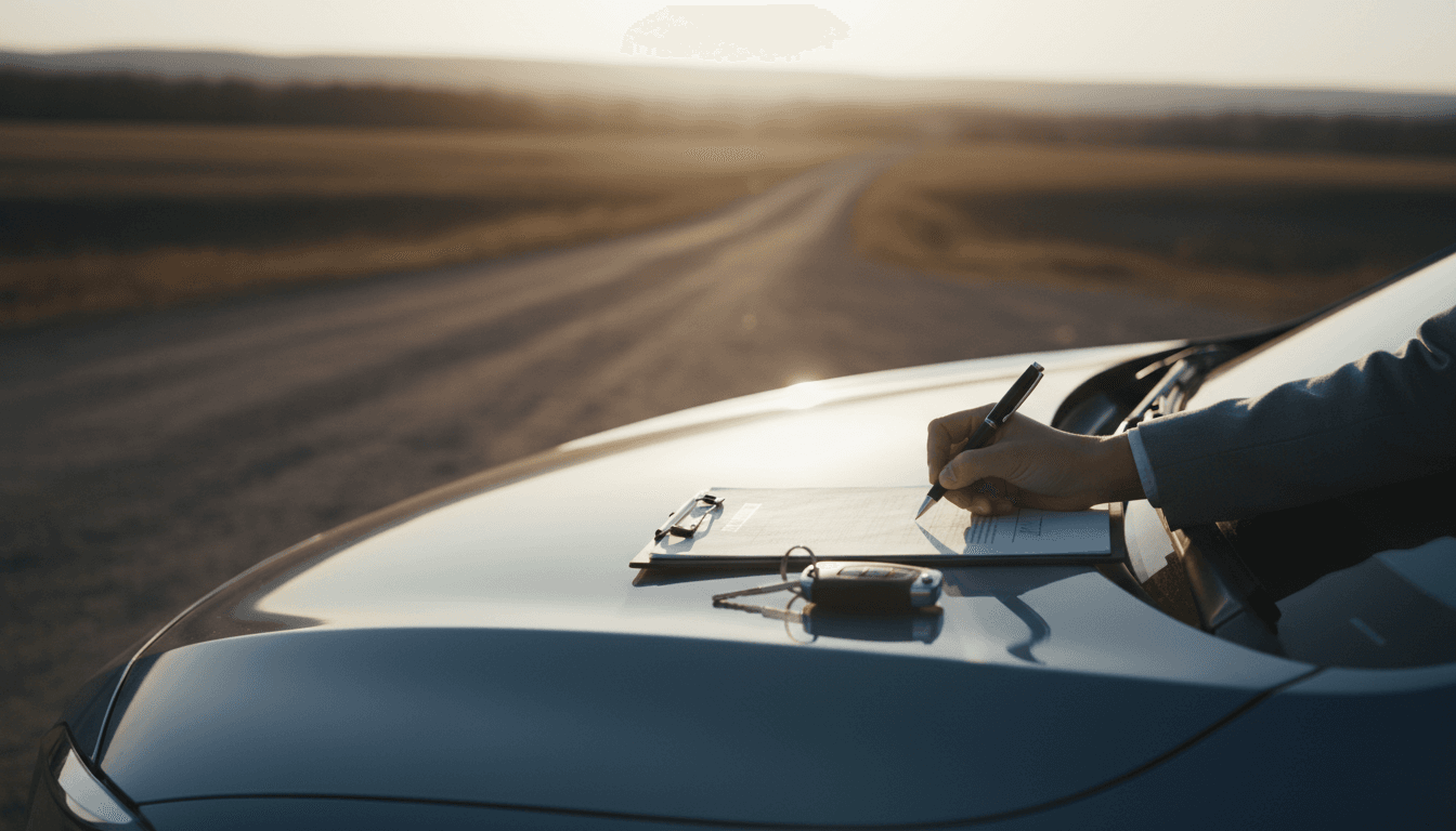 Mani che firmano documenti accanto alle chiavi di un'auto, luce calda del tardo pomeriggio