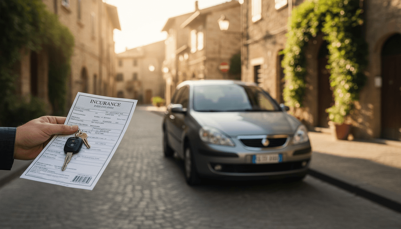 Mano che tiene documenti assicurativi e chiavi accanto a un'auto usata parcheggiata in strada al tramonto