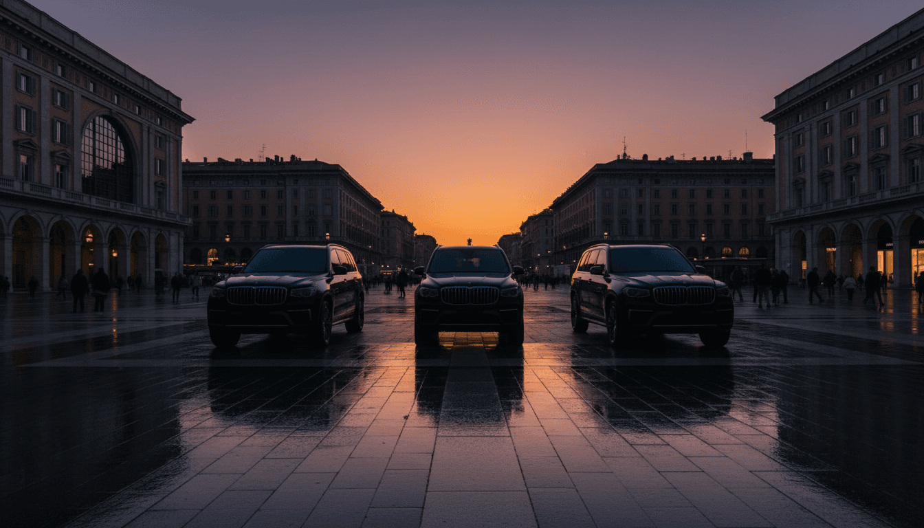 Tre grandi SUV di lusso in silhouette al tramonto in una piazza cittadina italiana
