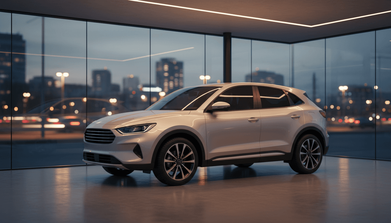 Un SUV compatto in uno showroom illuminato al tramonto, atmosfera calma ed editoriale
