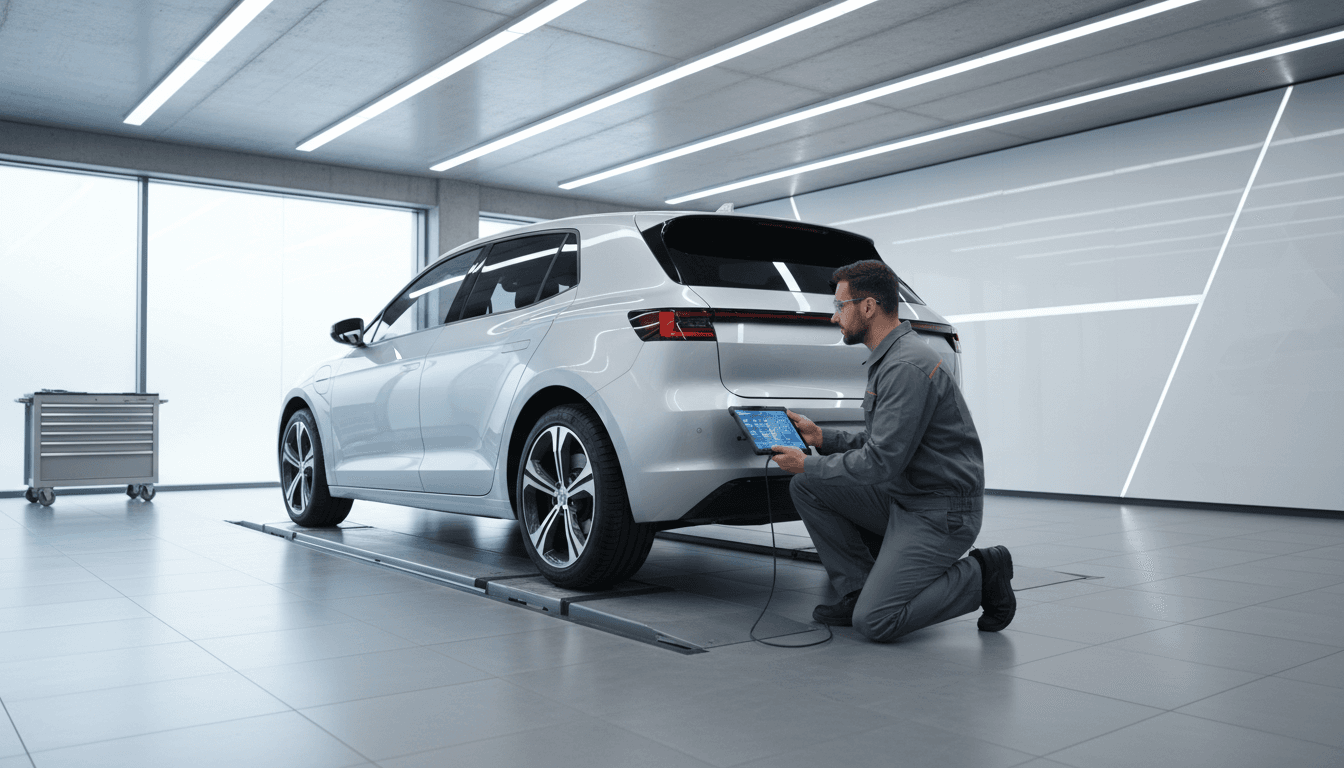 Un tecnico ispeziona con cura una moderna auto elettrica argento in un'officina luminosa