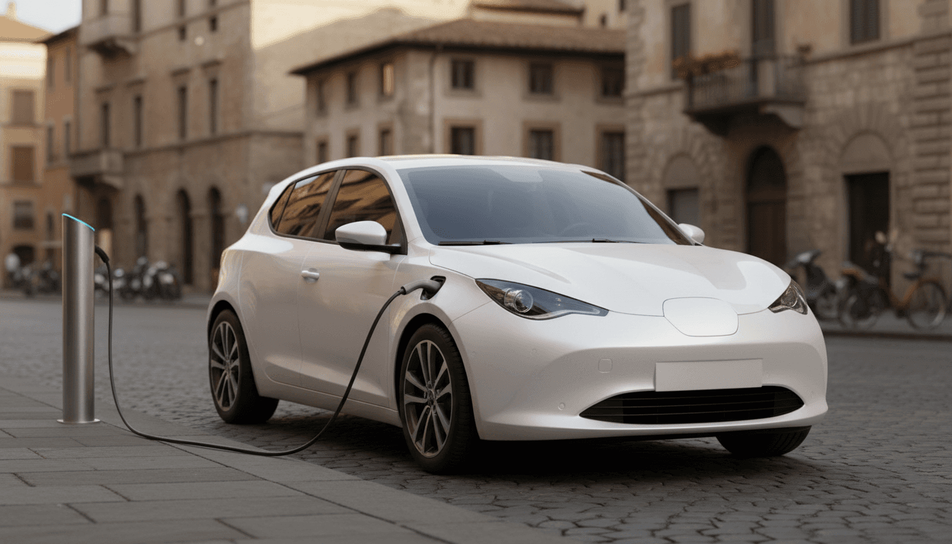 Auto elettrica parcheggiata al tramonto collegata a una colonnina di ricarica pubblica in una strada cittadina italiana
