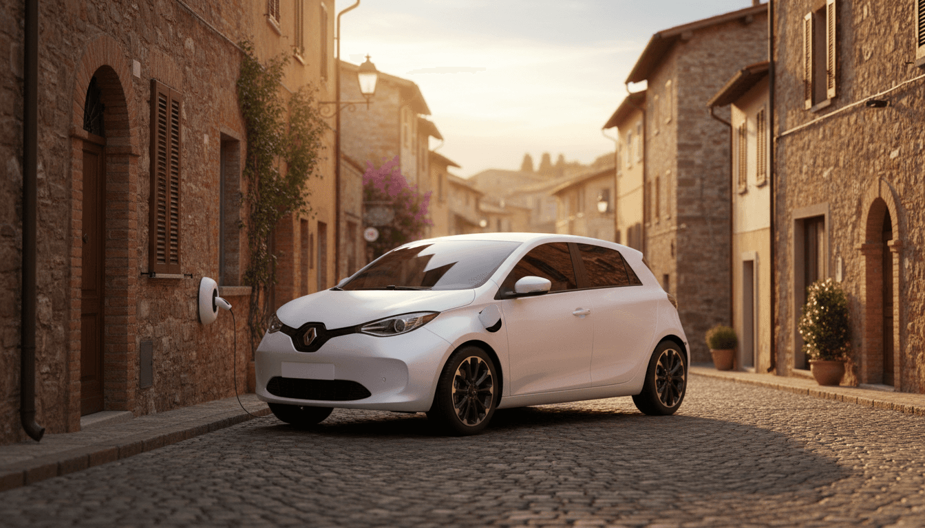Piccola auto elettrica in ricarica a casa al tramonto in un borgo italiano