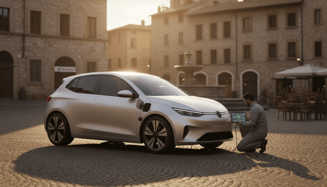 Tecnico controlla lo stato di salute della batteria di un'auto elettrica usata con un tablet, luce del tardo pomeriggio