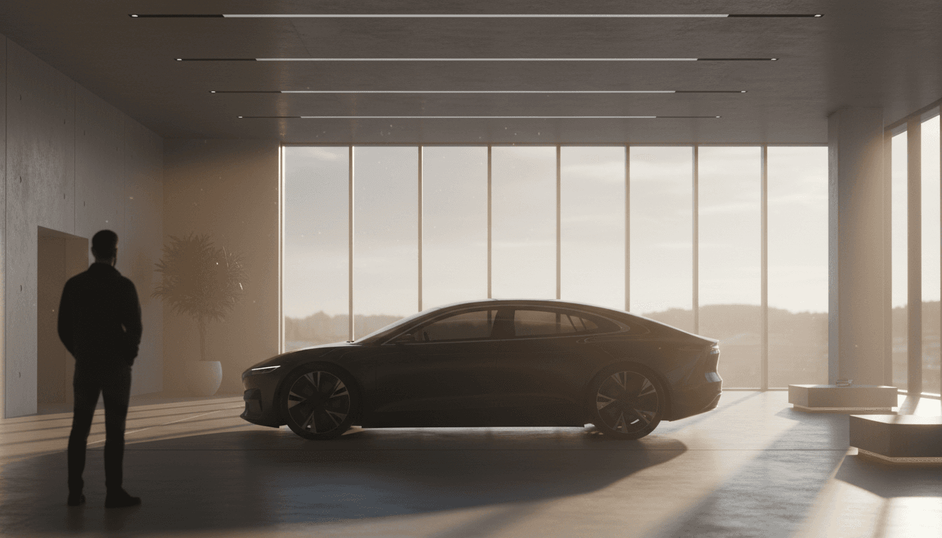 La silhouette di una berlina elettrica moderna in uno showroom