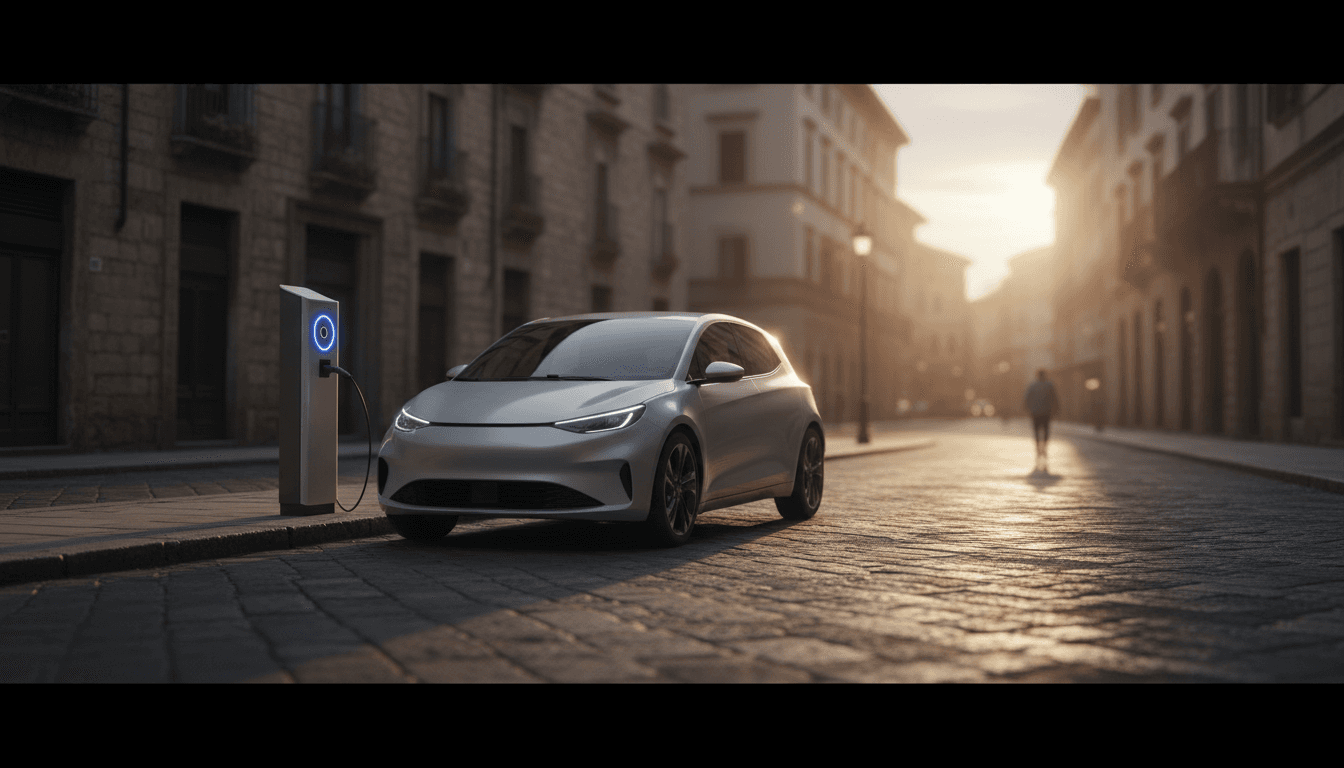 Auto elettrica generica parcheggiata accanto a una colonnina di ricarica pubblica in una strada italiana al tramonto