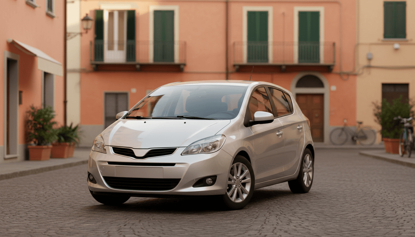Auto ibrida argento parcheggiata su una strada in ciottoli in un centro storico italiano al tramonto