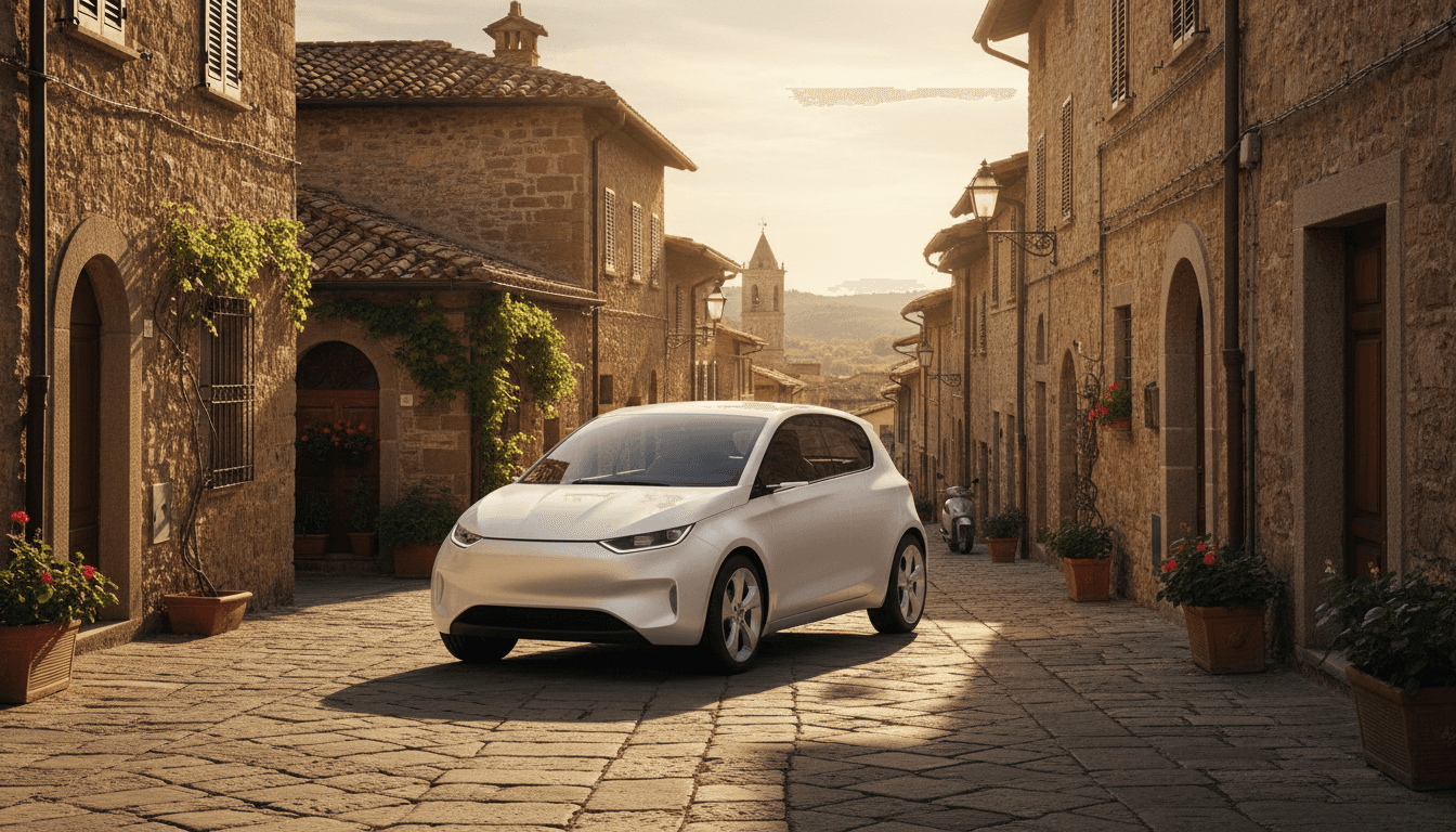 Utilitaria ibrida parcheggiata in una strada italiana al tramonto