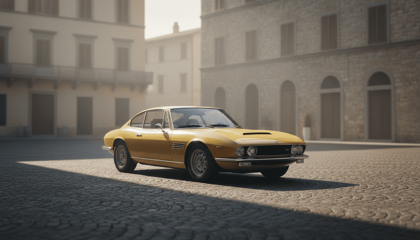 Coupé classica europea parcheggiata su ciottoli in una piazza italiana alla calda luce dorata del tramonto