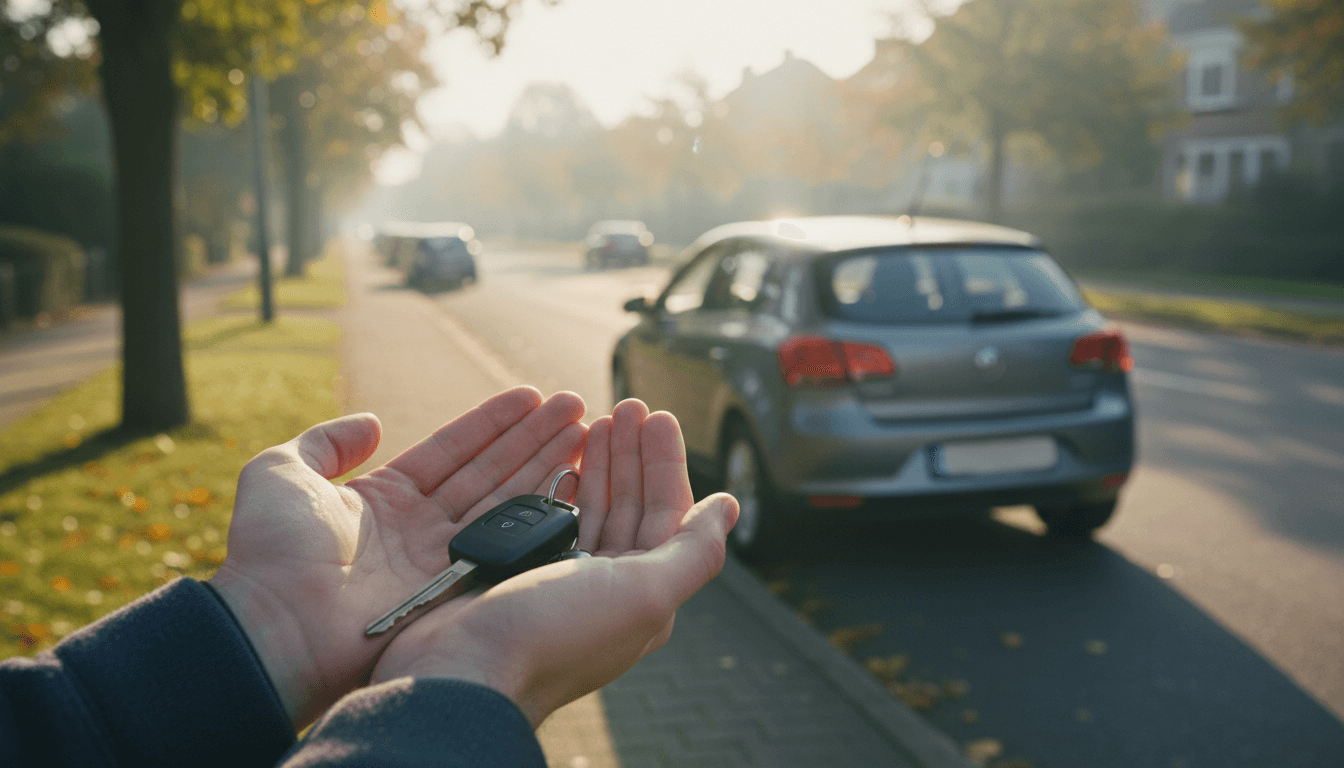 Mani che tengono le chiavi davanti a una piccola utilitaria parcheggiata in una via residenziale