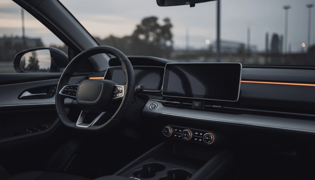Plancia di un'auto moderna con tasti fisici e schermo touch centrale illuminati al crepuscolo