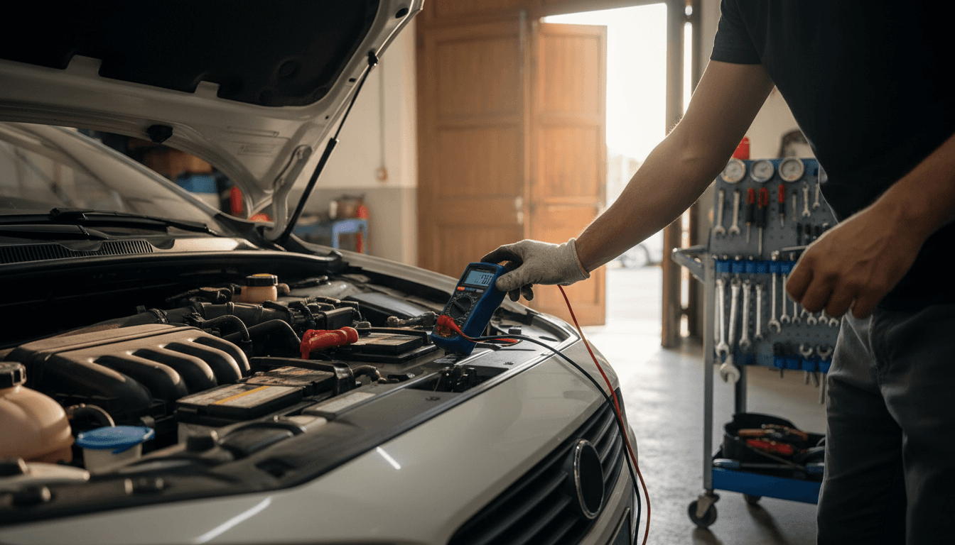 Un meccanico controlla la batteria di un'auto con un tester in un'officina illuminata dal sole