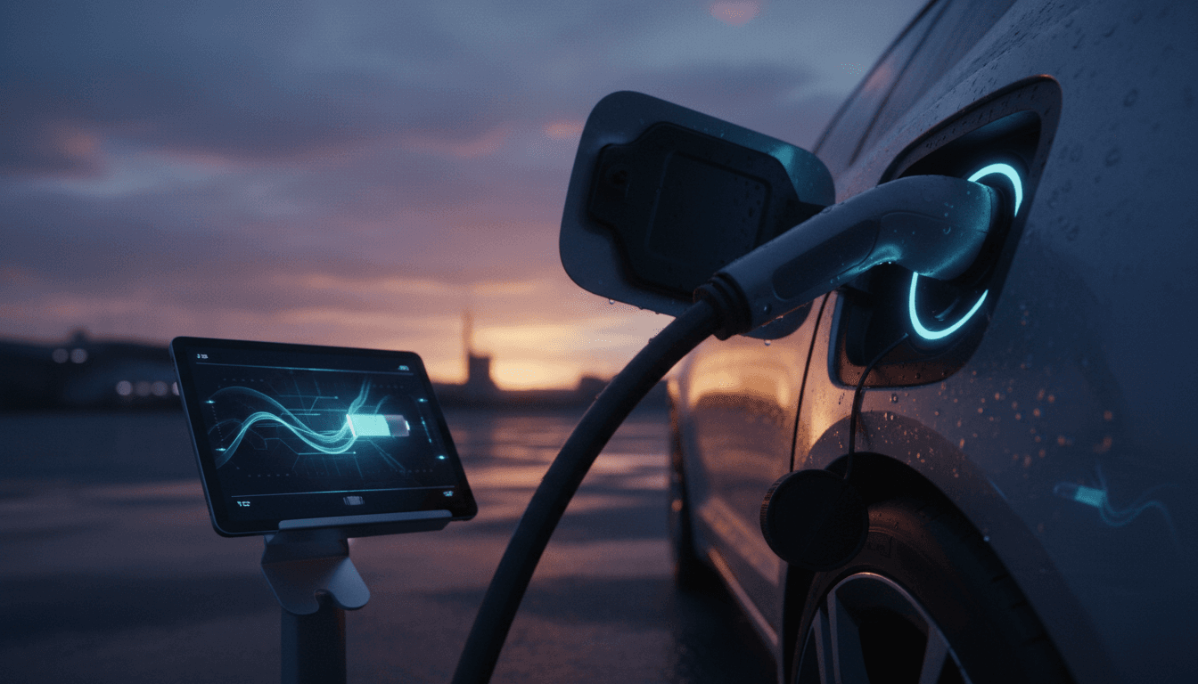Presa di ricarica di un'auto elettrica in controluce al tramonto, con un tablet diagnostico sfocato sullo sfondo