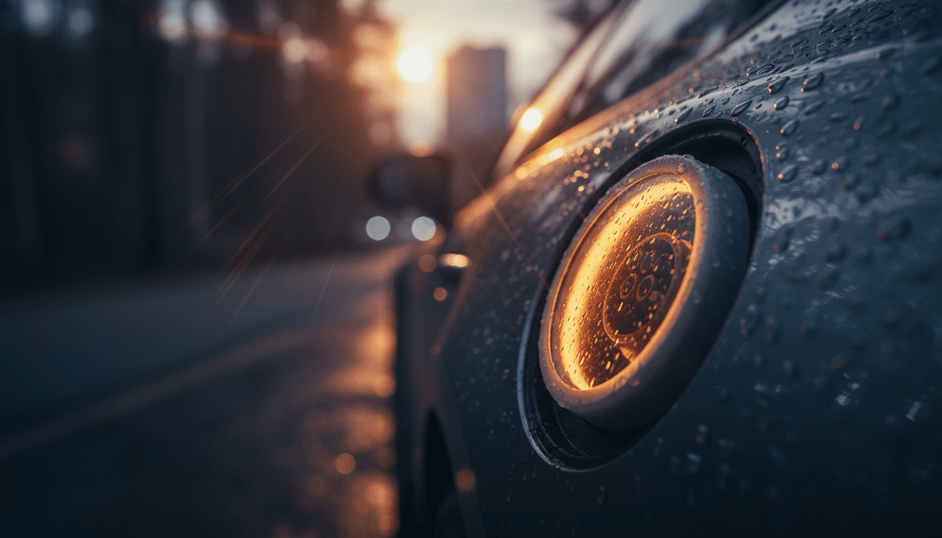 Primo piano atmosferico di una spina di ricarica su un'auto elettrica al tramonto, senza loghi o marchi visibili