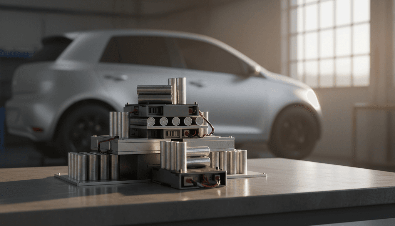 Celle di batterie riciclate disposte su un banco da lavoro industriale, con un'auto elettrica sfocata sullo sfondo