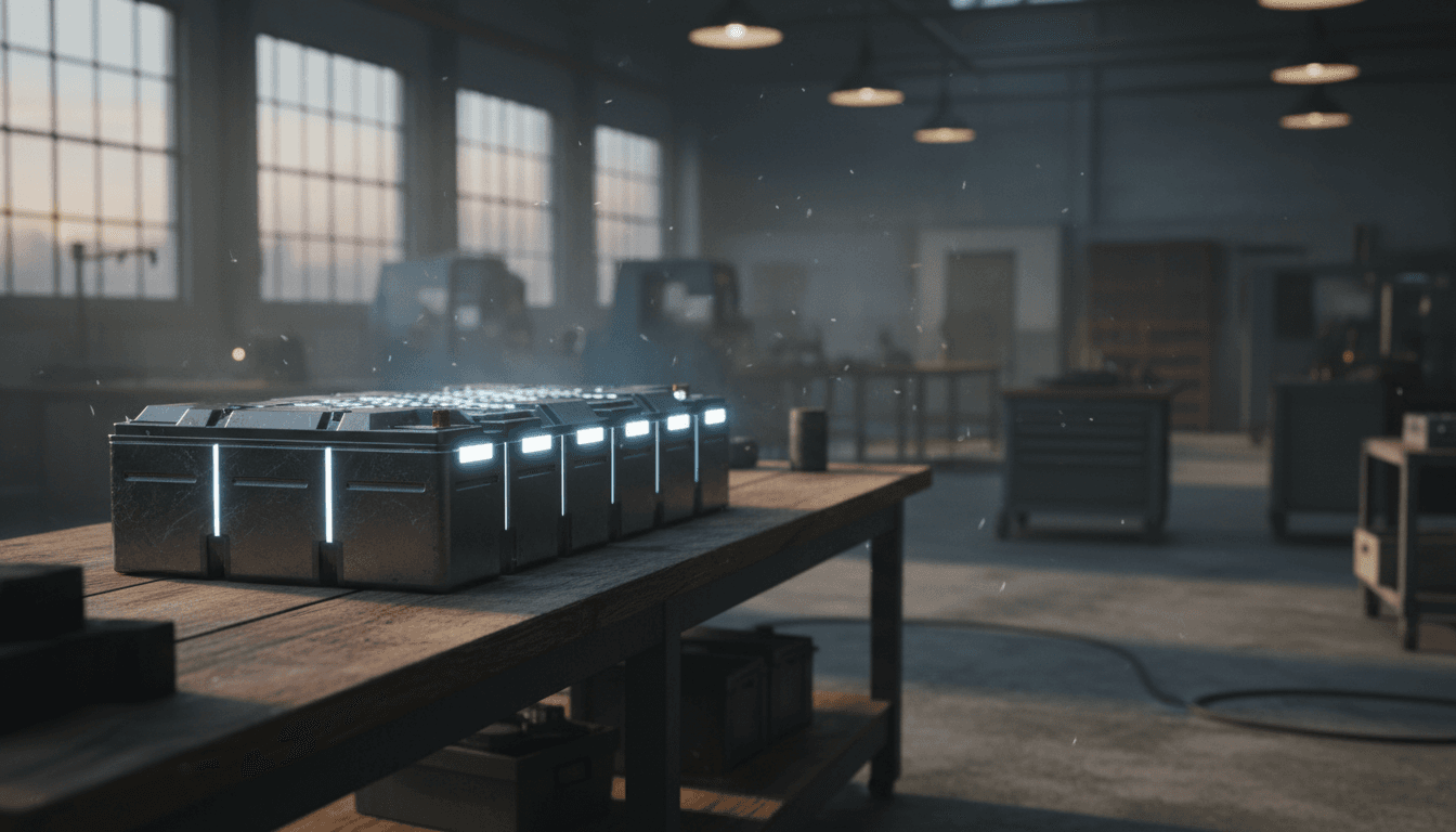 Pacco batteria di un'auto elettrica illuminato in un'officina al tramonto, atmosfera industriale