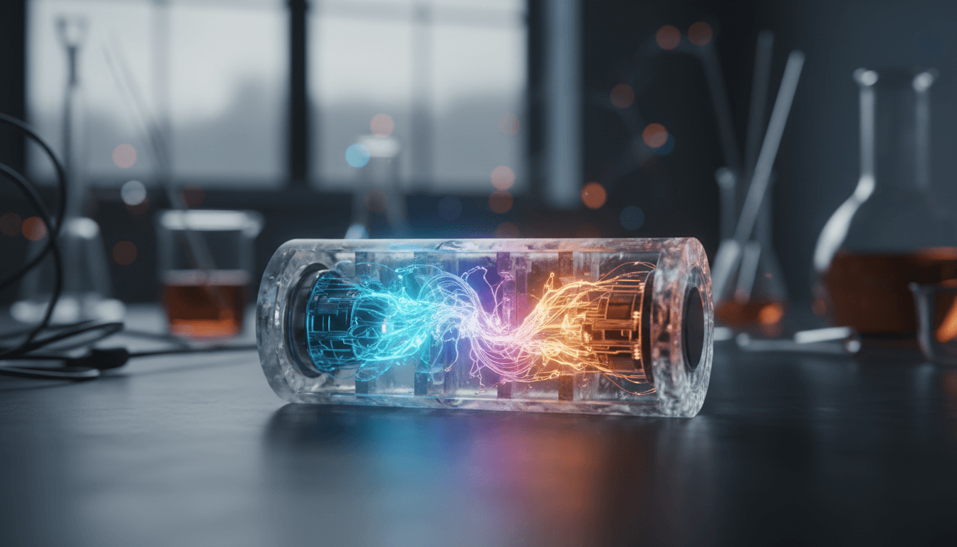 Primo piano artistico di una cella di batteria luminosa in un ambiente da laboratorio, senza loghi o testo visibile