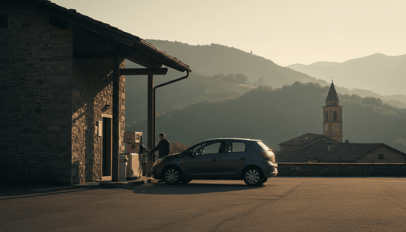 Distributore di carburante in un piccolo borgo di montagna al tramonto, con un'auto in rifornimento e colline appenniniche sullo sfondo
