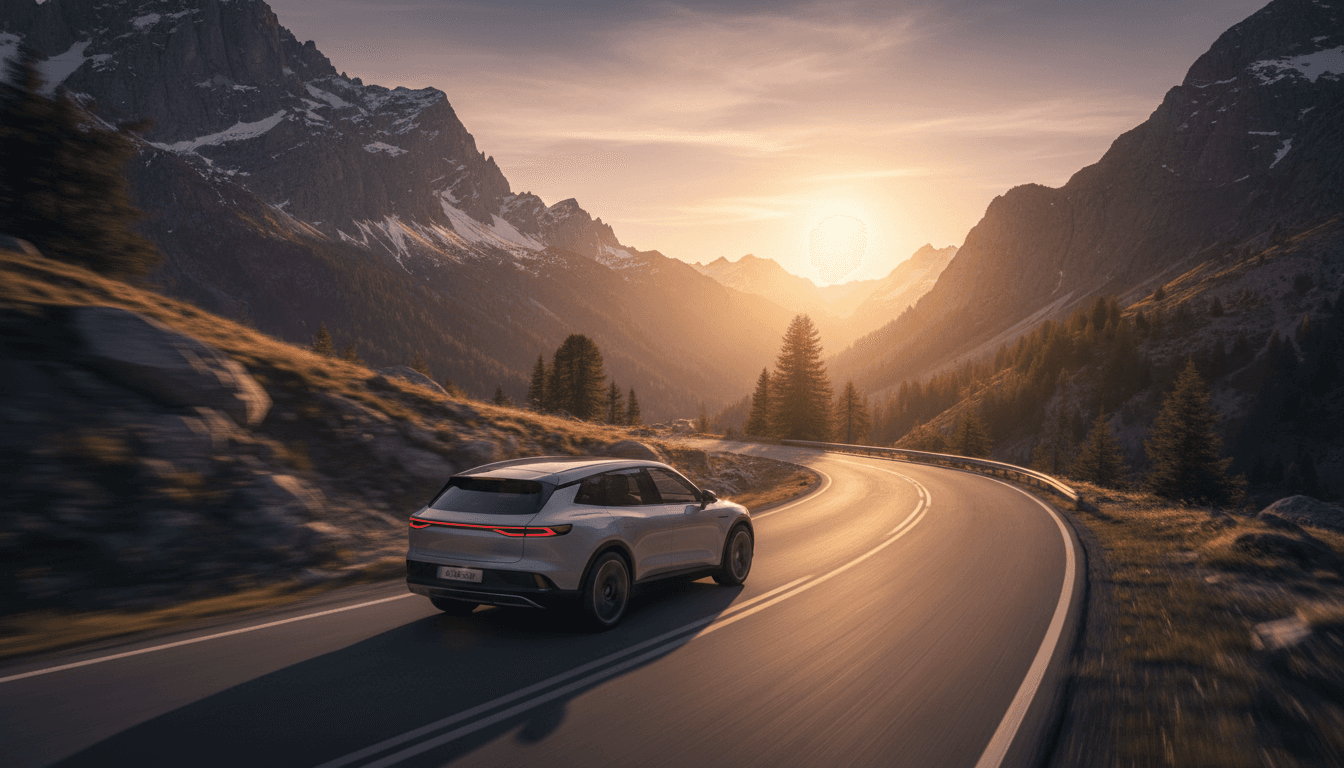 SUV elettrico che percorre una strada di montagna tortuosa al tramonto