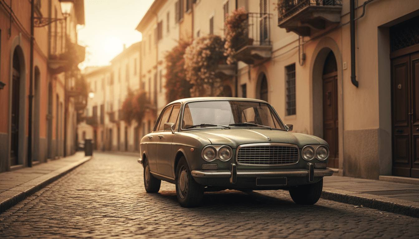 Una berlina usata parcheggiata in una tranquilla via residenziale italiana alla luce dorata del tramonto, con facciate e persiane sfocate sullo sfondo.