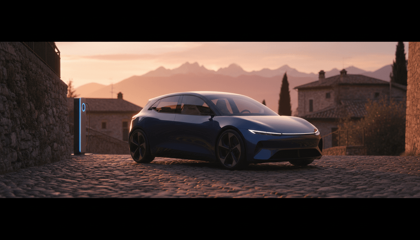 Auto elettrica compatta parcheggiata su una strada acciottolata italiana al tramonto, con una colonnina di ricarica accanto