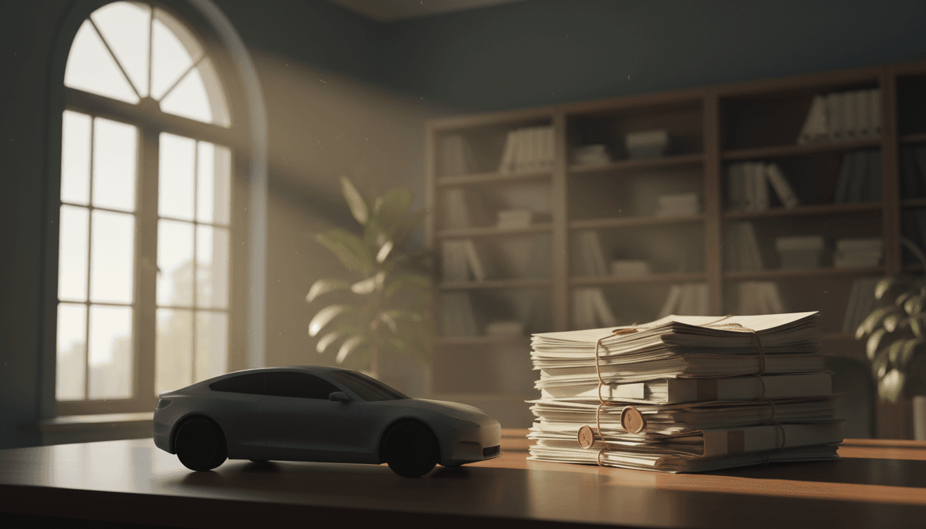Silhouette di un'auto elettrica generica accanto a documenti fiscali, luce calda di fine giornata
