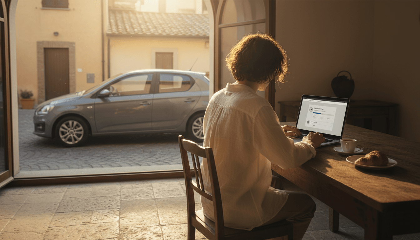 Persona che paga il bollo auto online al computer, con un'auto parcheggiata fuori dalla finestra