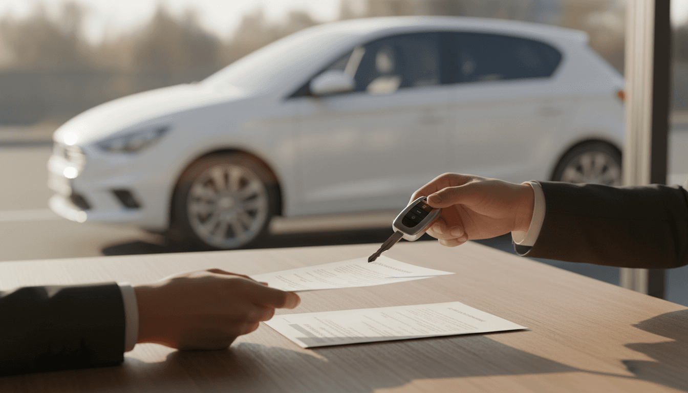 Due mani si scambiano le chiavi e i documenti di un'auto usata su una scrivania illuminata dal sole.