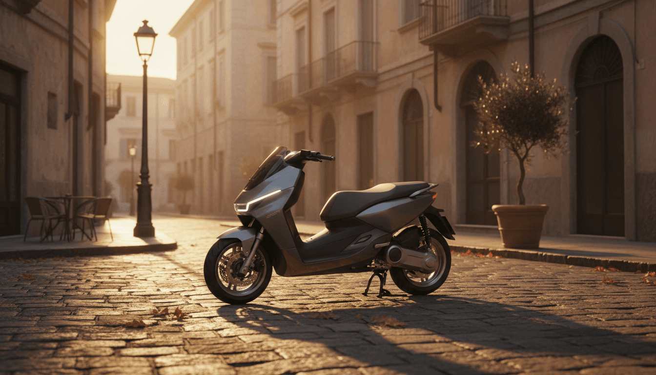 Scooter elettrico parcheggiato su una strada cittadina italiana al tramonto