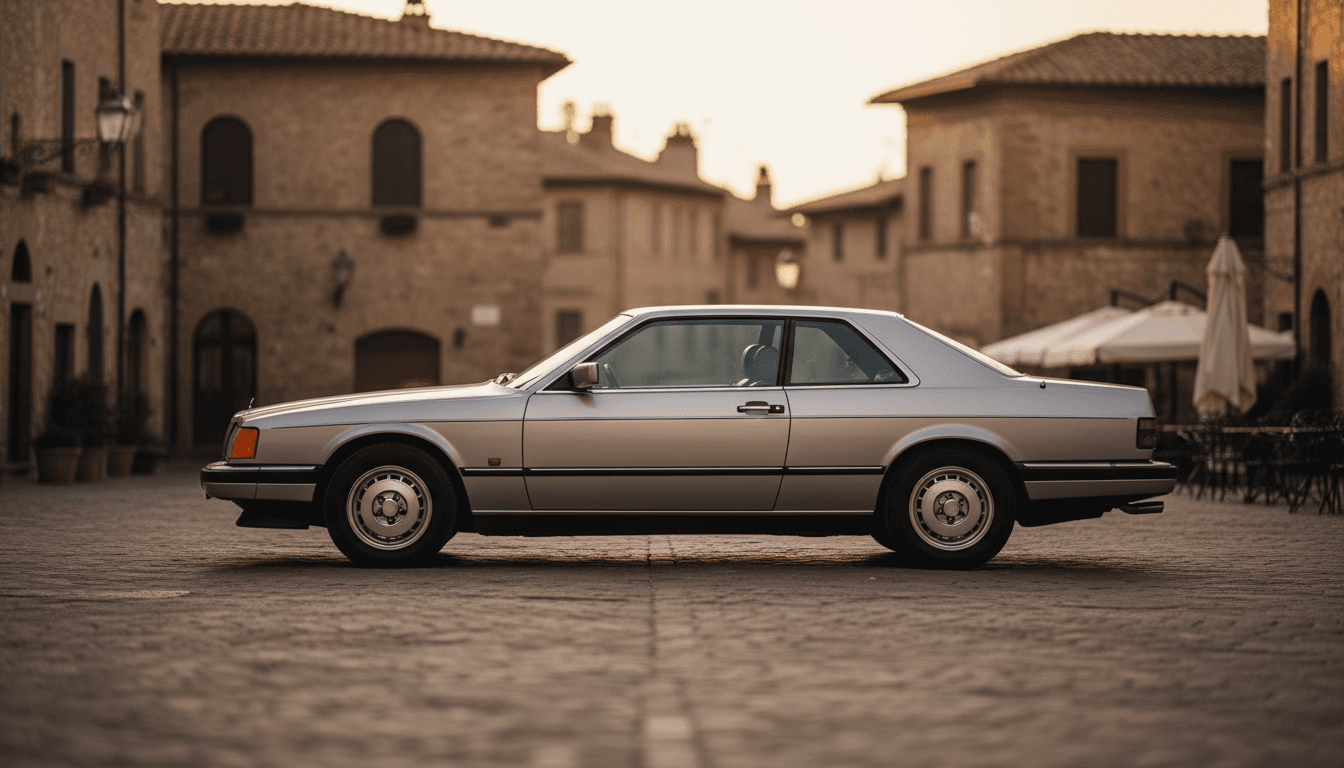 Una elegante coupé tedesca anni '80 dalle linee pulite e squadrate, ferma al tramonto in una piazza acciottolata italiana