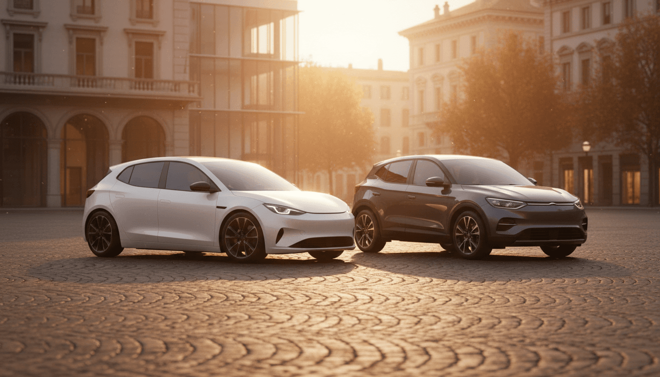 Due auto elettriche parcheggiate fianco a fianco in una piazza italiana al tramonto