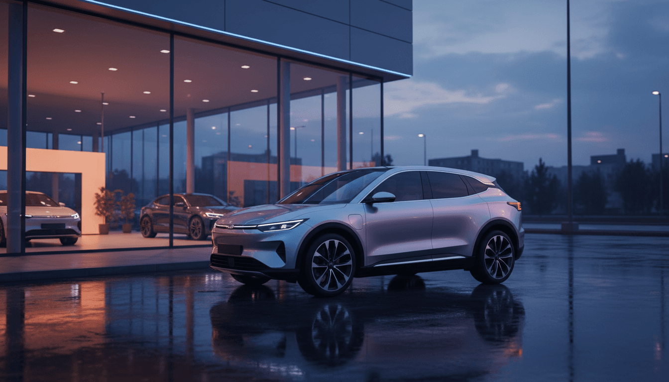 Un SUV elettrico compatto parcheggiato al tramonto davanti a una concessionaria, senza marchi visibili