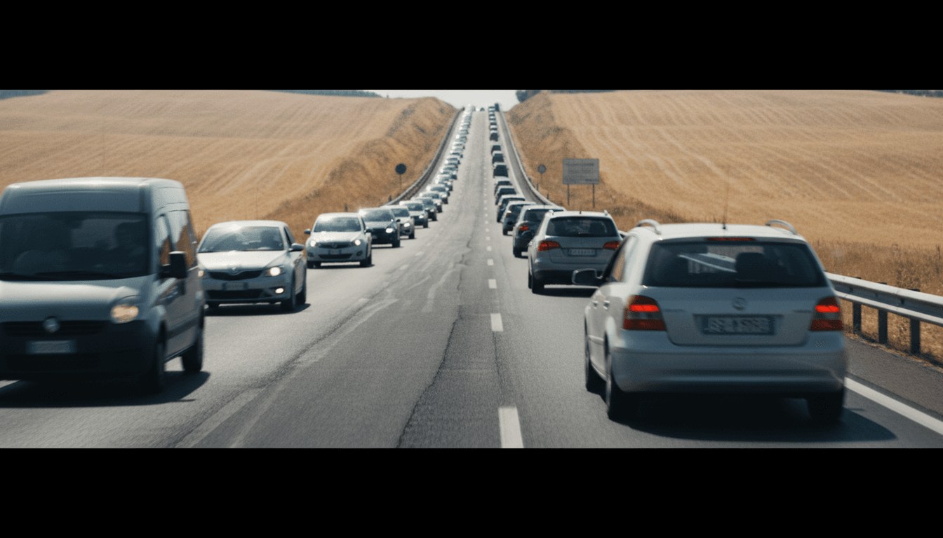 Autostrada italiana d'estate con asfalto rovente e coda di veicoli in lontananza sotto il sole