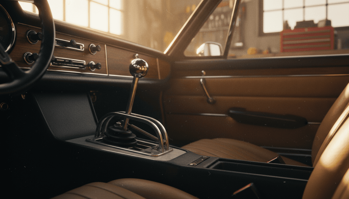 Leva del cambio manuale a vista in un abitacolo di auto sportiva d'epoca, luce calda