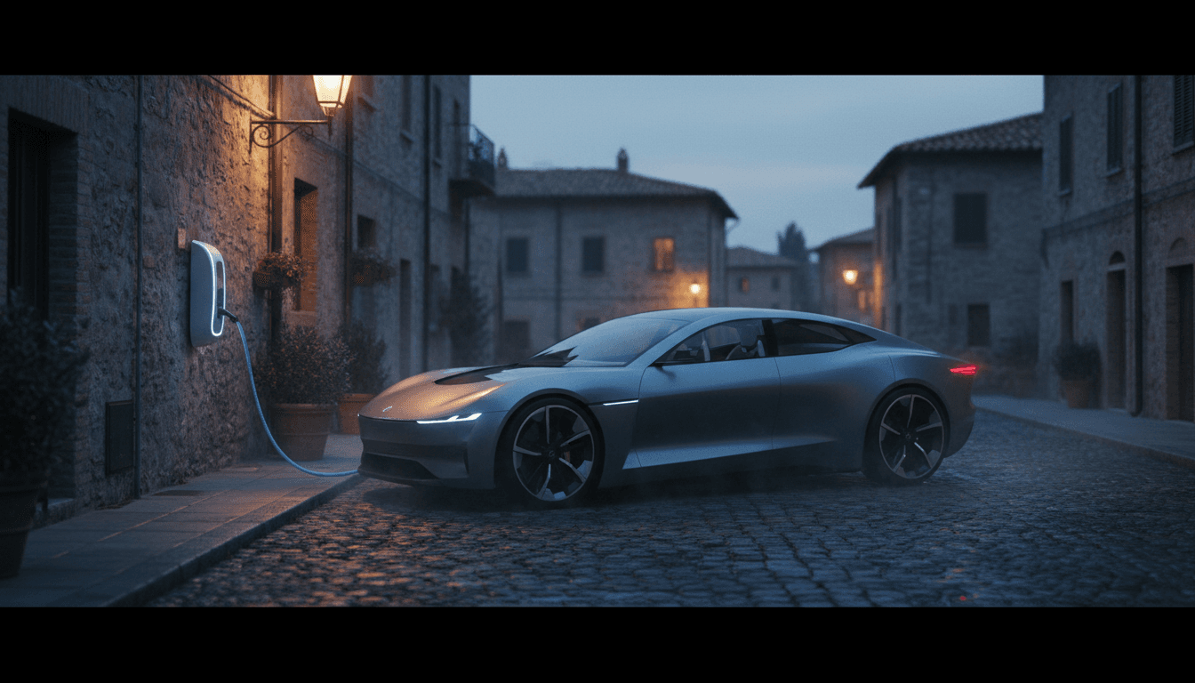 Auto elettrica in ricarica al crepuscolo su una strada italiana, atmosfera serale